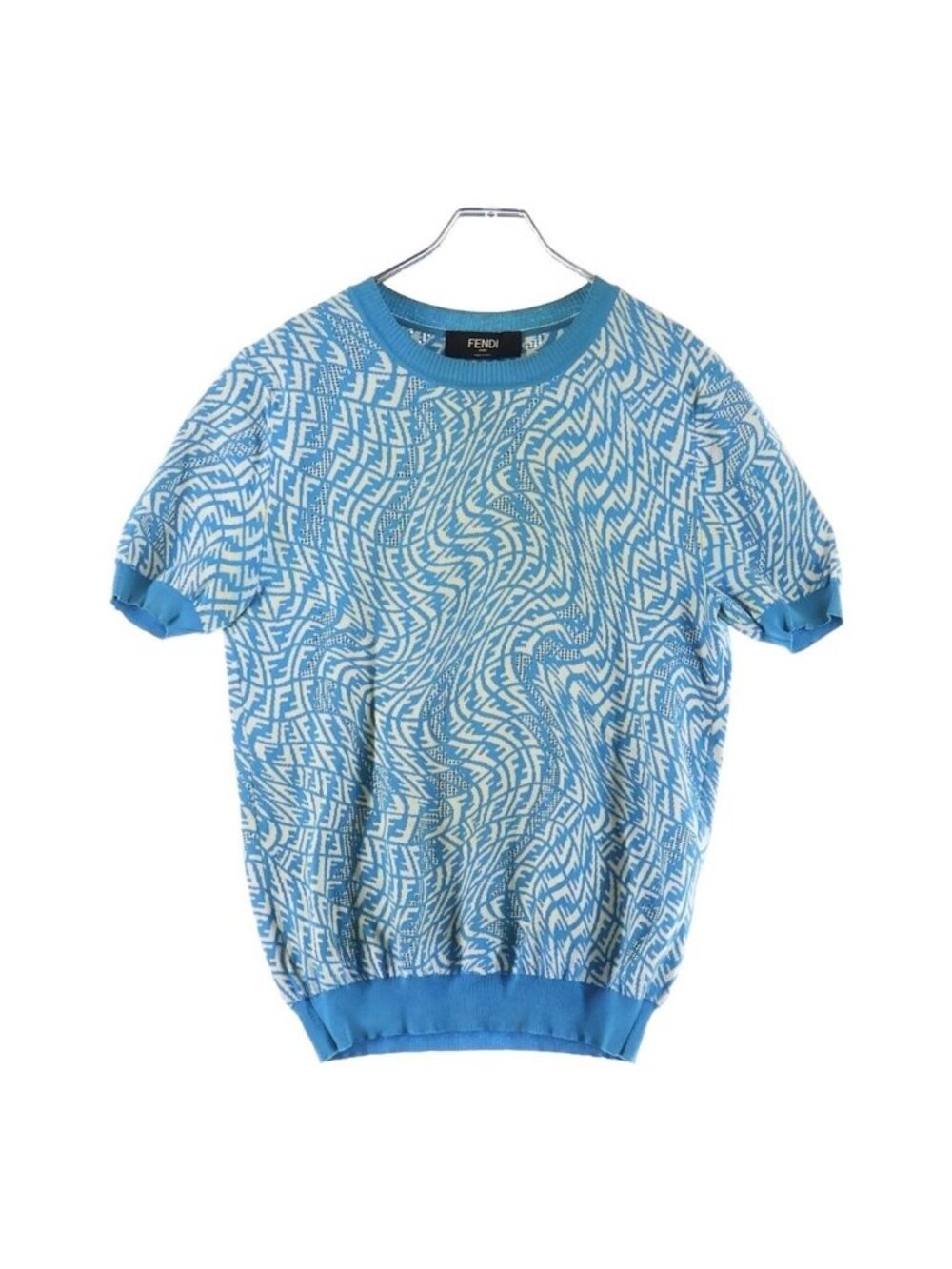 Fendi FF Logo Short Sleeve Knit Top Blue Sweater